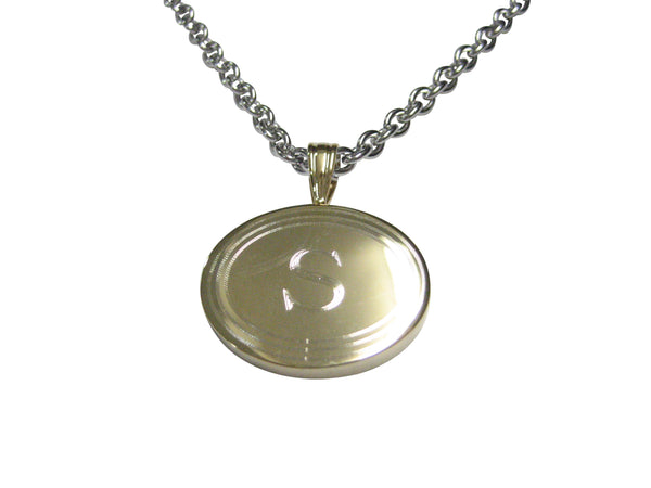 Gold Toned Etched Oval Letter S Monogram Pendant Necklace