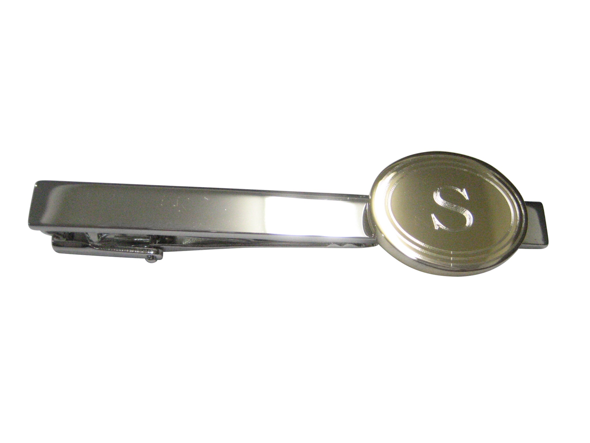 Gold Toned Etched Oval Letter S Monogram Tie Clip
