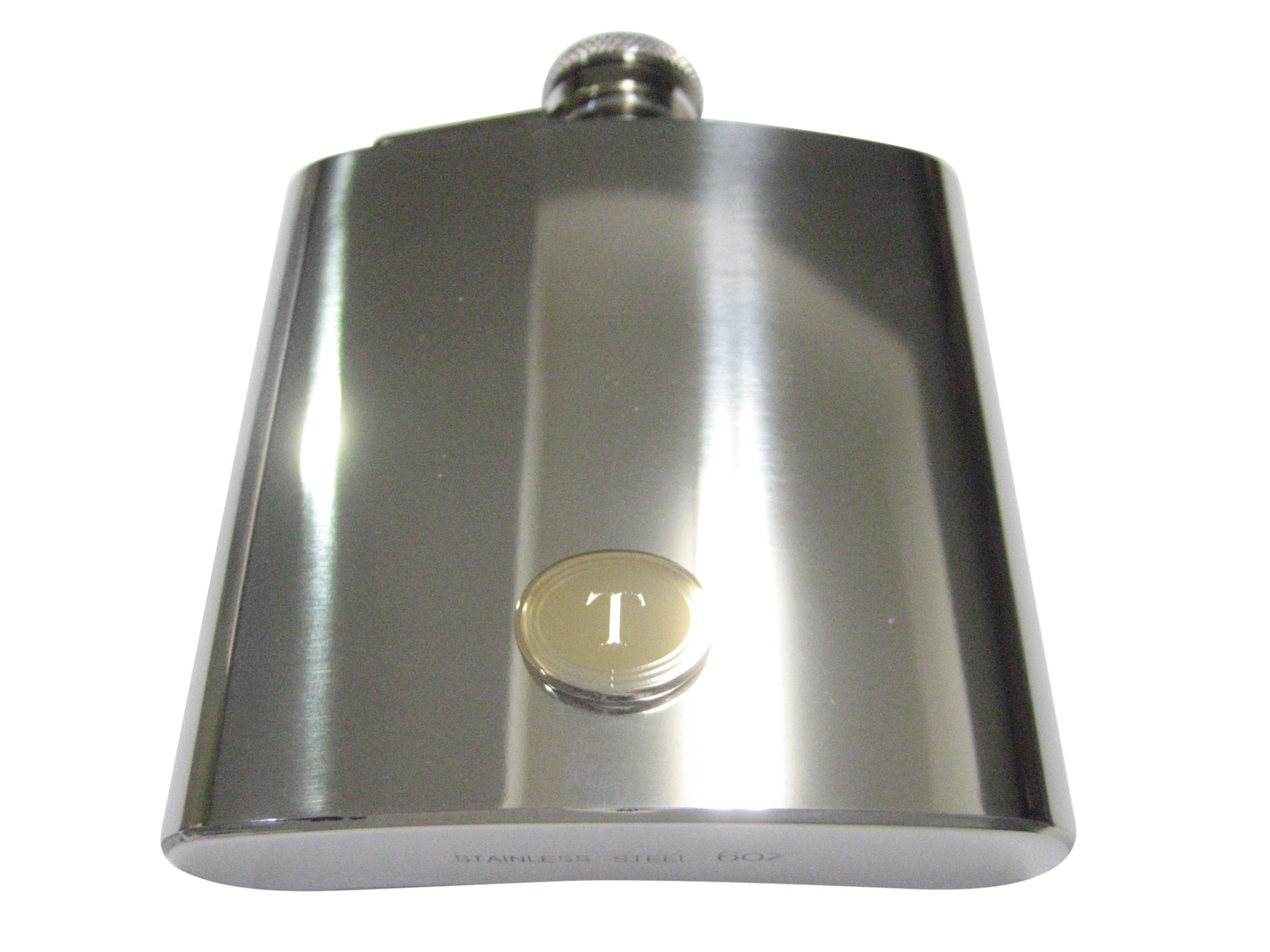 Gold Toned Etched Oval Letter T Monogram 6oz Flask