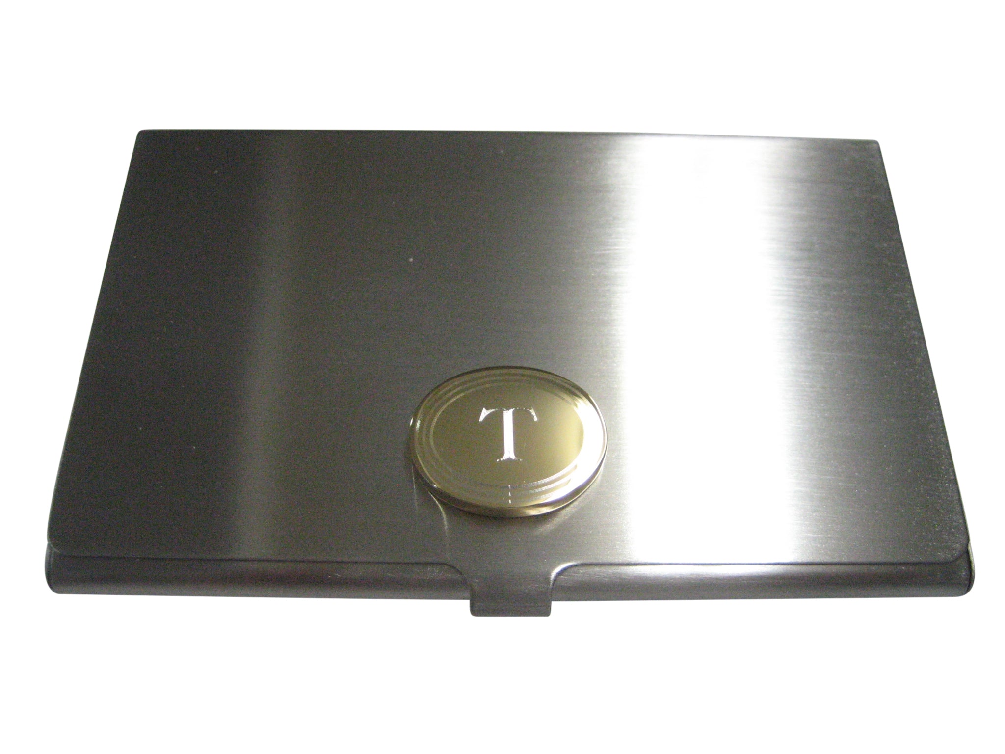 Gold Toned Etched Oval Letter T Monogram Business Card Holder