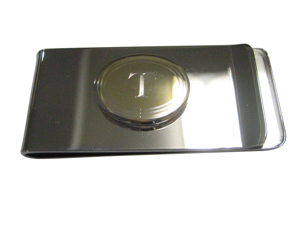 Gold Toned Etched Oval Letter T Monogram Money Clip