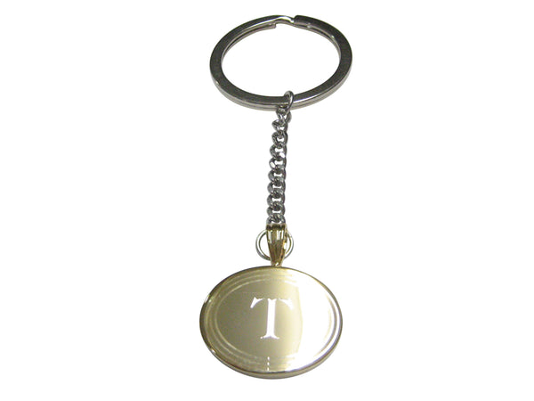 Gold Toned Etched Oval Letter T Monogram Pendant Keychain