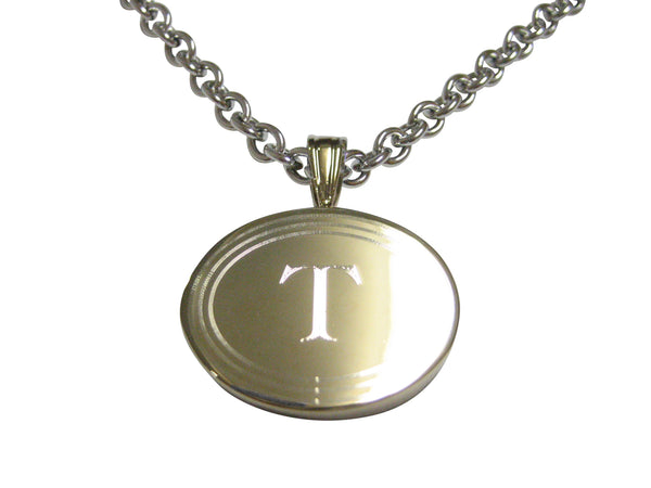 Gold Toned Etched Oval Letter T Monogram Pendant Necklace