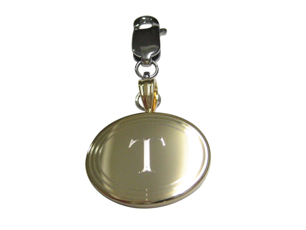 Gold Toned Etched Oval Letter T Monogram Pendant Zipper Pull Charm