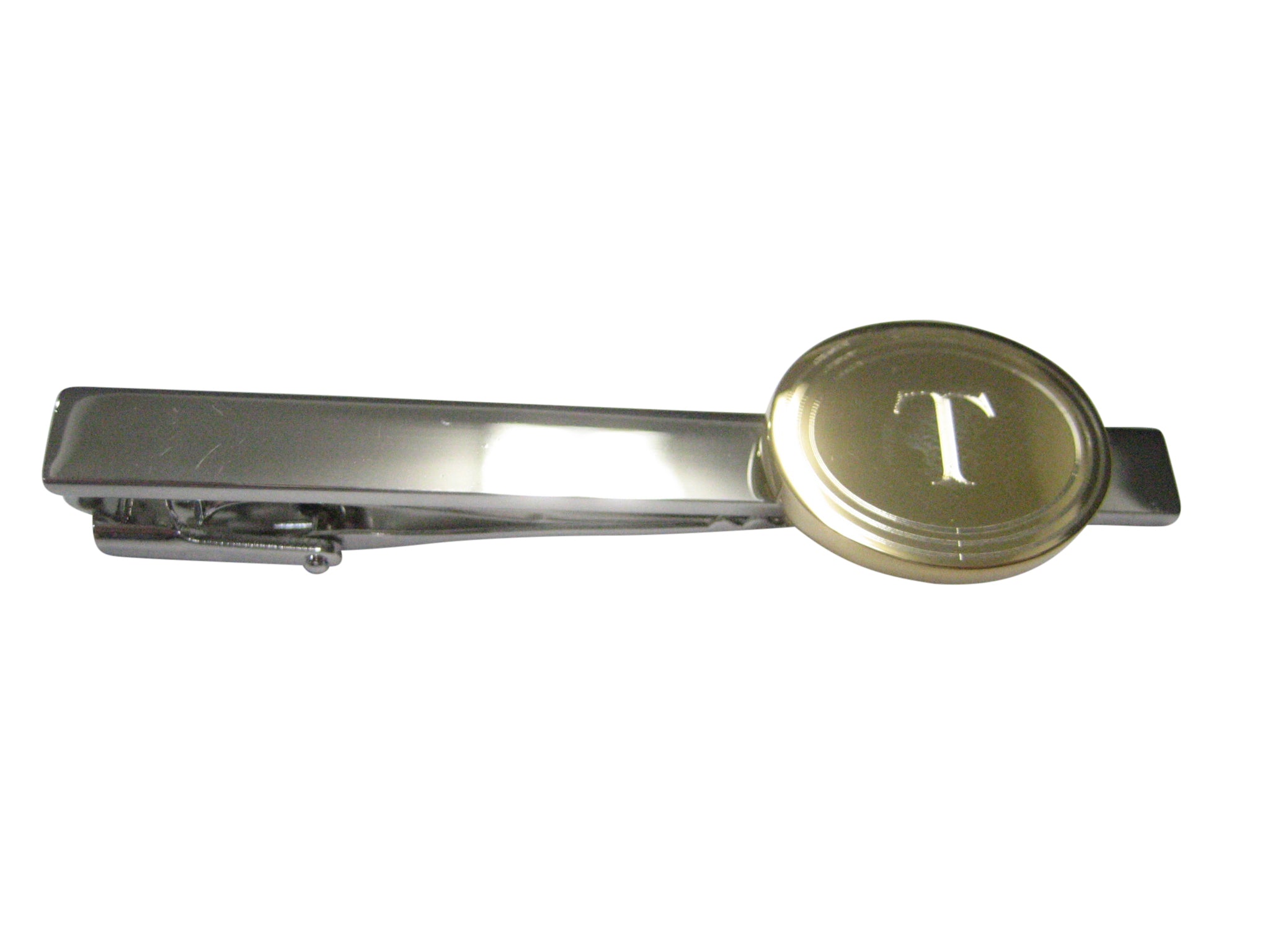 Gold Toned Etched Oval Letter T Monogram Tie Clip