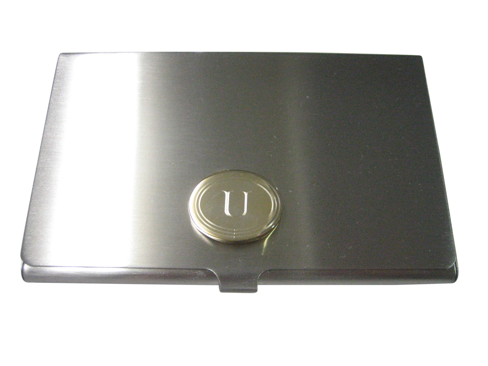 Gold Toned Etched Oval Letter U Monogram Business Card Holder