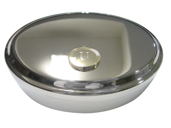 Gold Toned Etched Oval Letter U Monogram Oval Trinket Jewelry Box