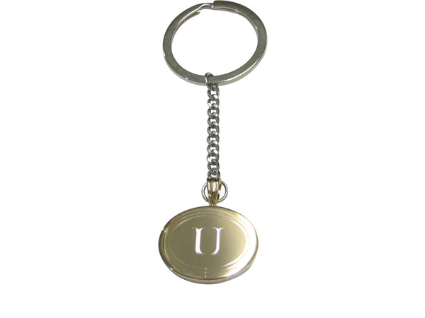 Gold Toned Etched Oval Letter U Monogram Pendant Keychain