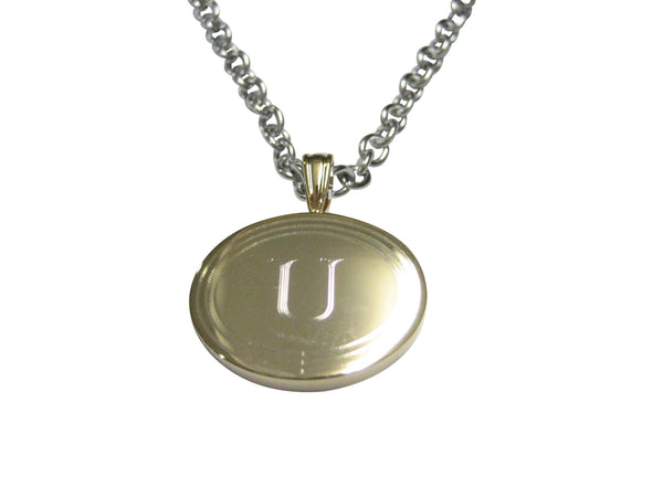 Gold Toned Etched Oval Letter U Monogram Pendant Necklace