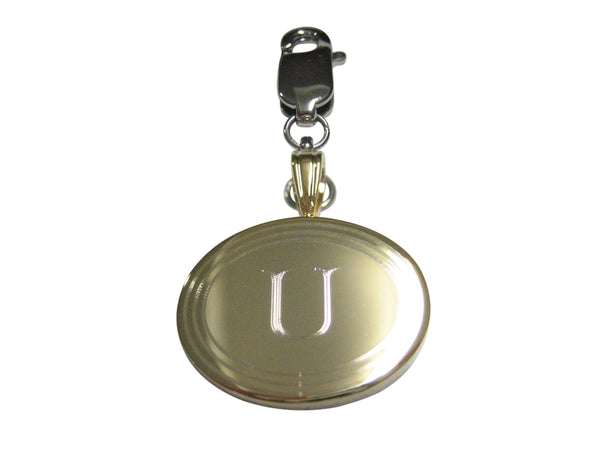 Gold Toned Etched Oval Letter U Monogram Pendant Zipper Pull Charm