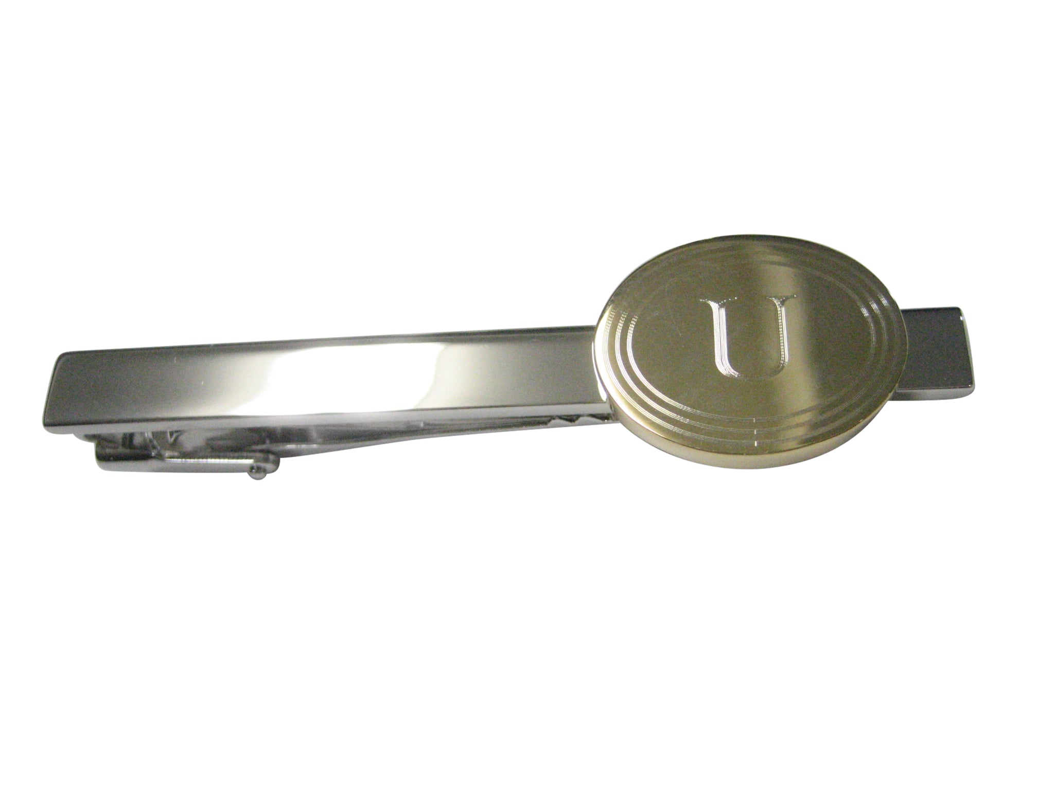 Gold Toned Etched Oval Letter U Monogram Tie Clip