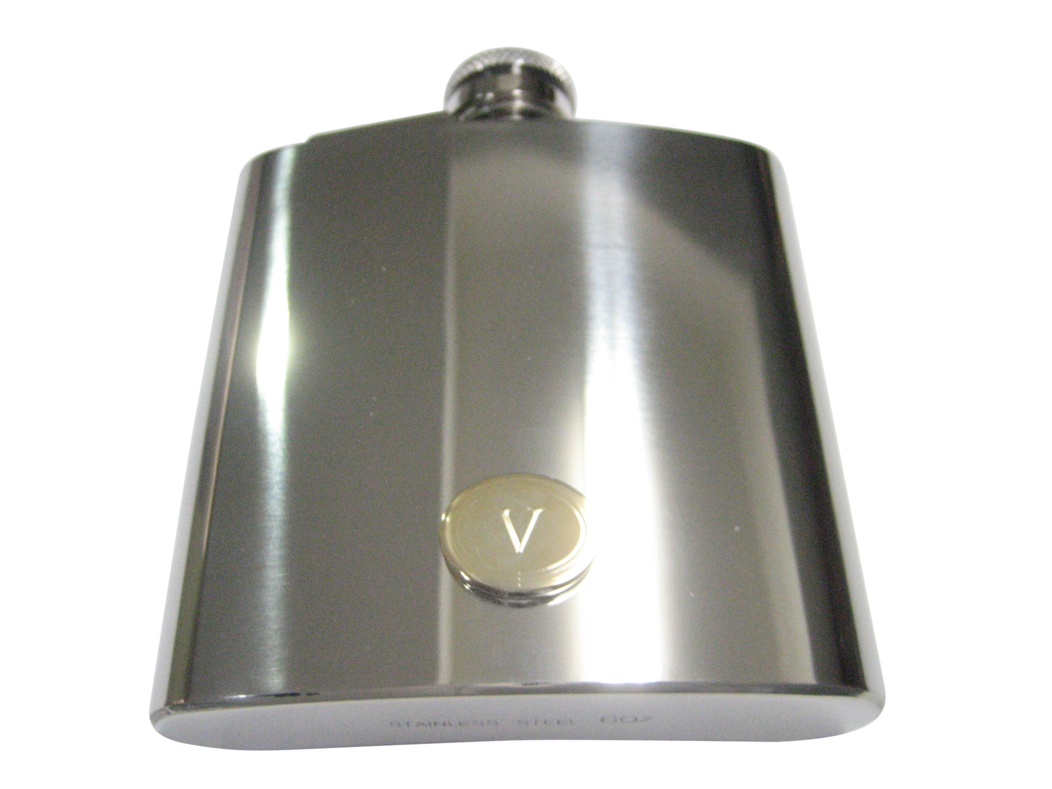 Gold Toned Etched Oval Letter V Monogram 6oz Flask