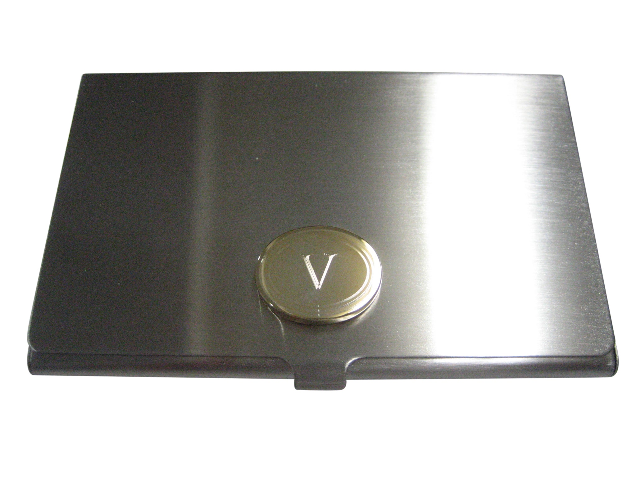 Gold Toned Etched Oval Letter V Monogram Business Card Holder