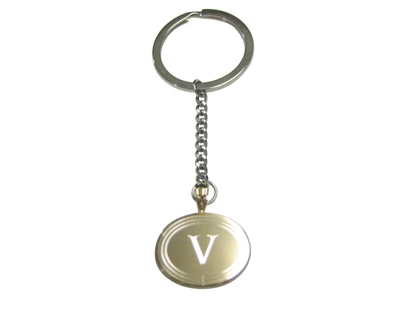 Gold Toned Etched Oval Letter V Monogram Pendant Keychain