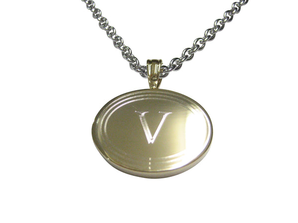 Gold Toned Etched Oval Letter V Monogram Pendant Necklace