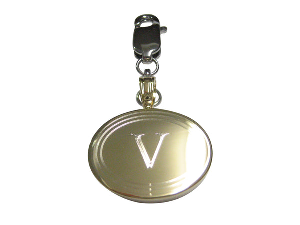 Gold Toned Etched Oval Letter V Monogram Pendant Zipper Pull Charm