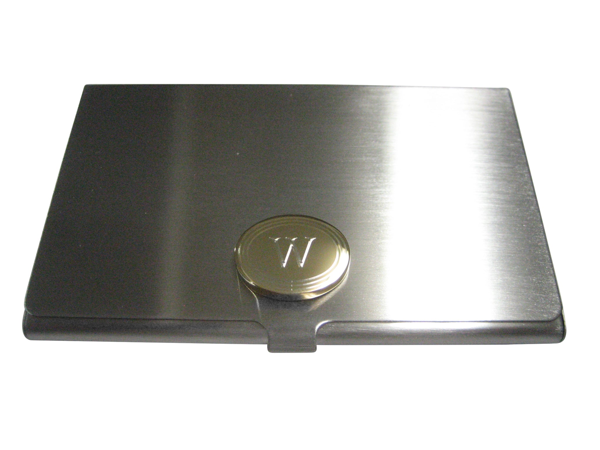 Gold Toned Etched Oval Letter W Monogram Business Card Holder