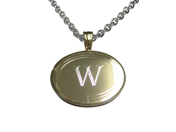 Gold Toned Etched Oval Letter W Monogram Pendant Necklace