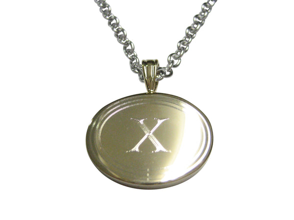 Gold Toned Etched Oval Letter X Monogram Pendant Necklace