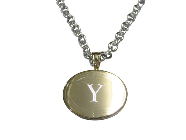 Gold Toned Etched Oval Letter Y Monogram Pendant Necklace