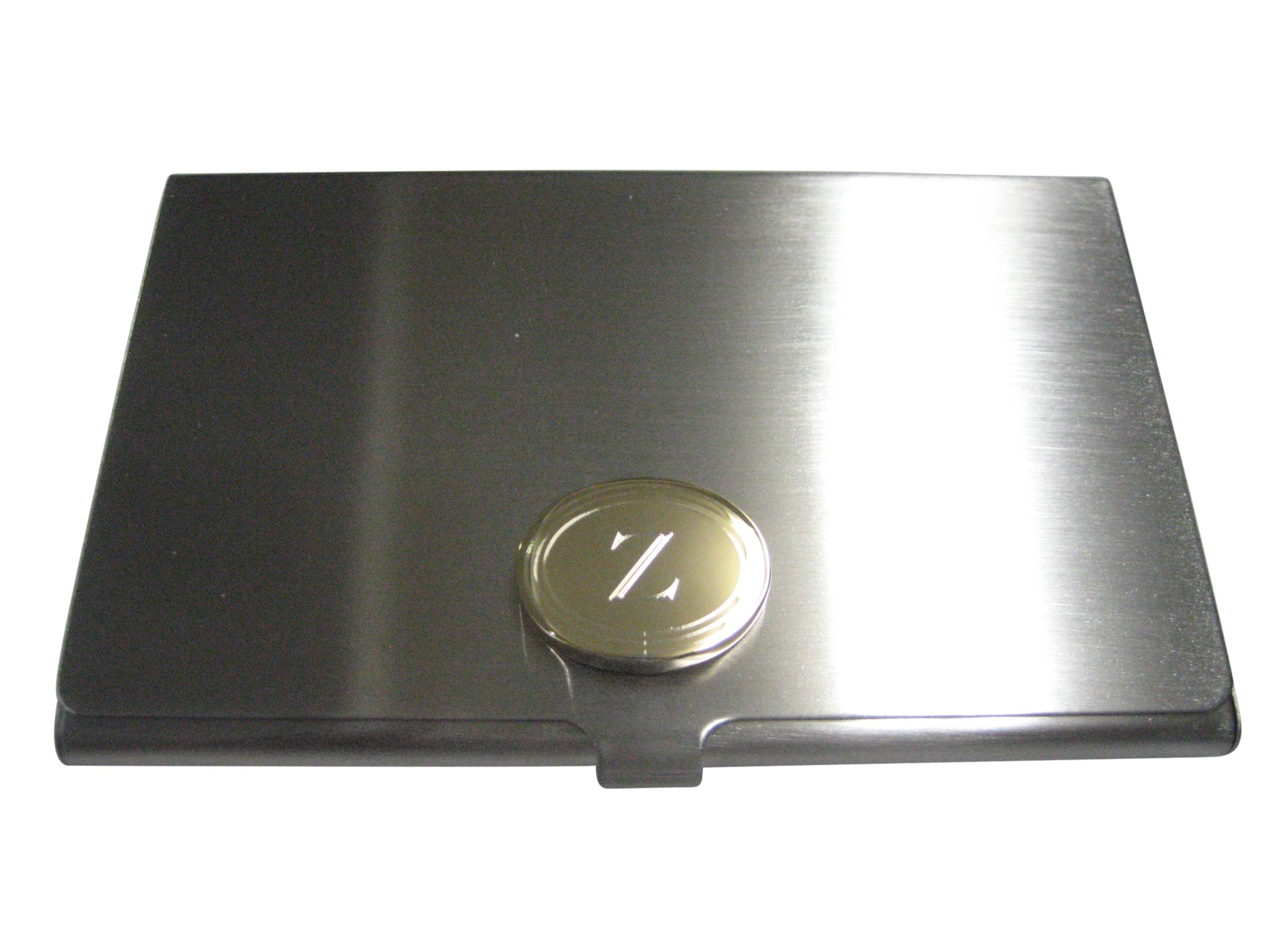 Gold Toned Etched Oval Letter Z Monogram Business Card Holder