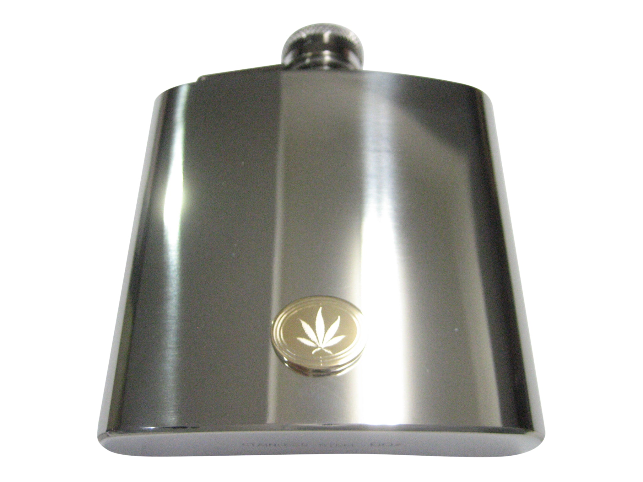 Gold Toned Etched Oval Marijuana Weed Leaf 6oz Flask