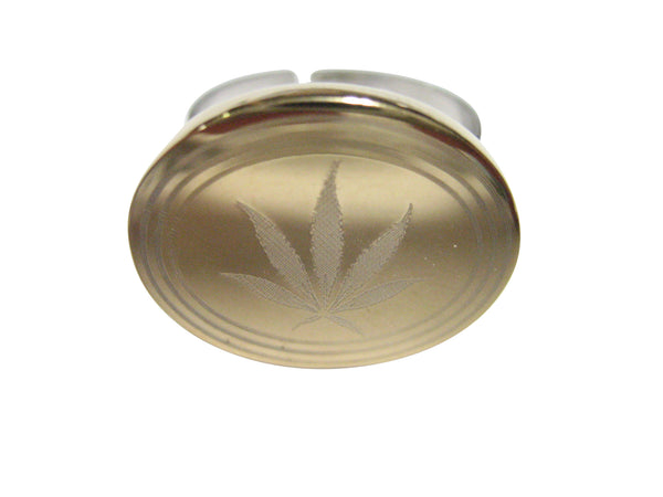 Gold Toned Etched Oval Marijuana Weed Leaf Adjustable Size Fashion Ring