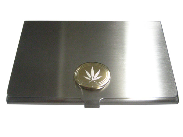 Gold Toned Etched Oval Marijuana Weed Leaf Business Card Holder