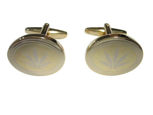 Gold Toned Etched Oval Marijuana Weed Leaf Cufflinks