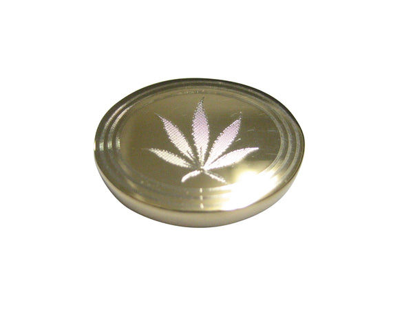Gold Toned Etched Oval Marijuana Weed Leaf Magnet