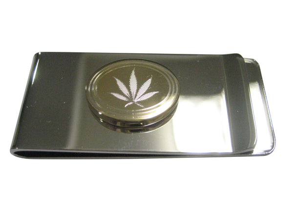 Gold Toned Etched Oval Marijuana Weed Leaf Money Clip
