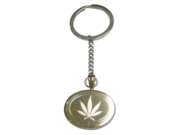 Gold Toned Etched Oval Marijuana Weed Leaf Pendant Keychain