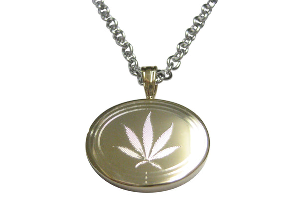 Gold Toned Etched Oval Marijuana Weed Leaf Pendant Necklace