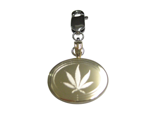 Gold Toned Etched Oval Marijuana Weed Leaf Pendant Zipper Pull Charm