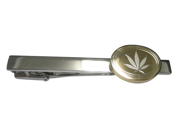 Gold Toned Etched Oval Marijuana Weed Leaf Tie Clip
