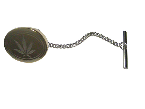 Gold Toned Etched Oval Marijuana Weed Leaf Tie Tack