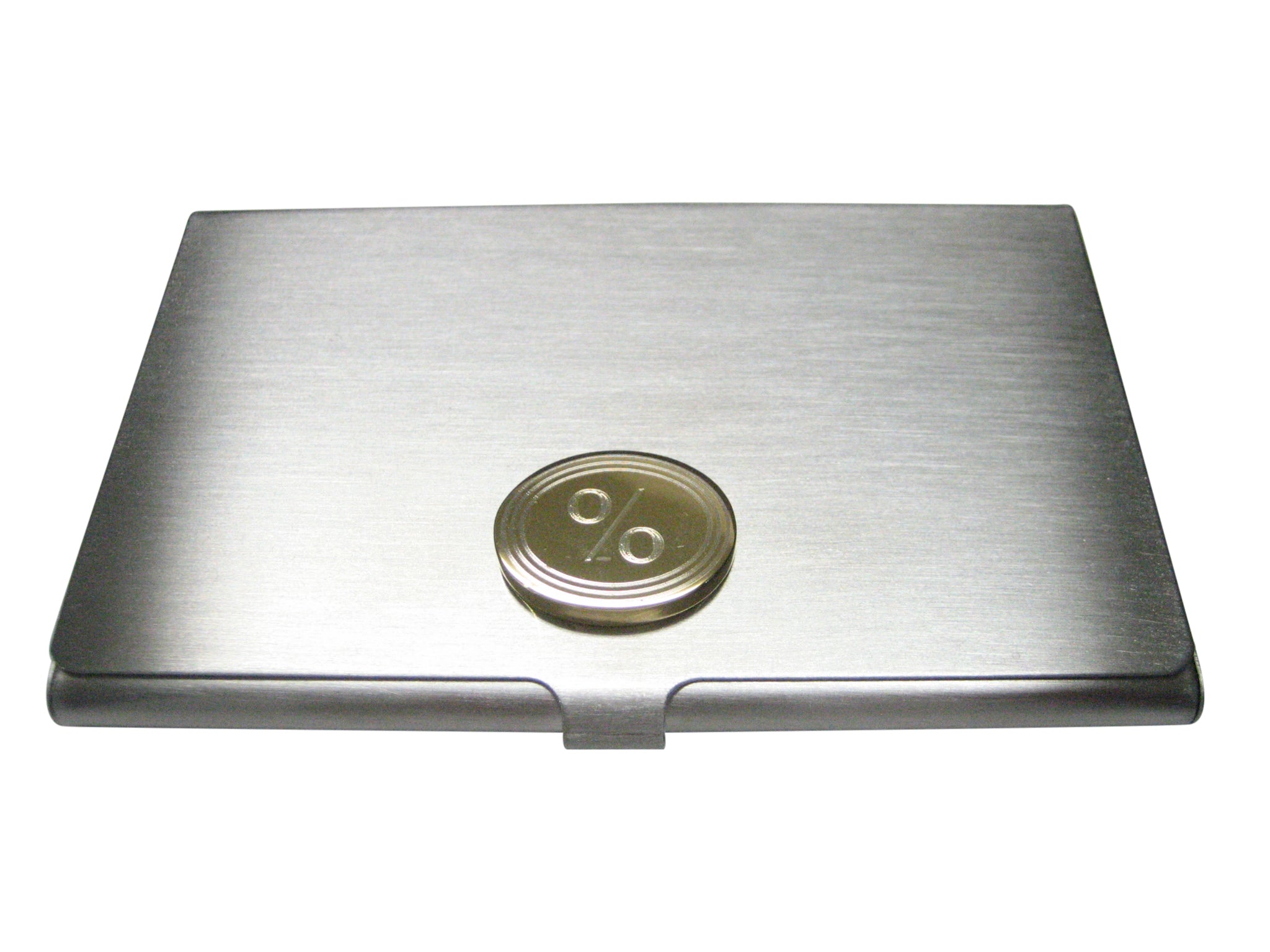 Gold Toned Etched Oval Mathematical Percent Sign Business Card Holder