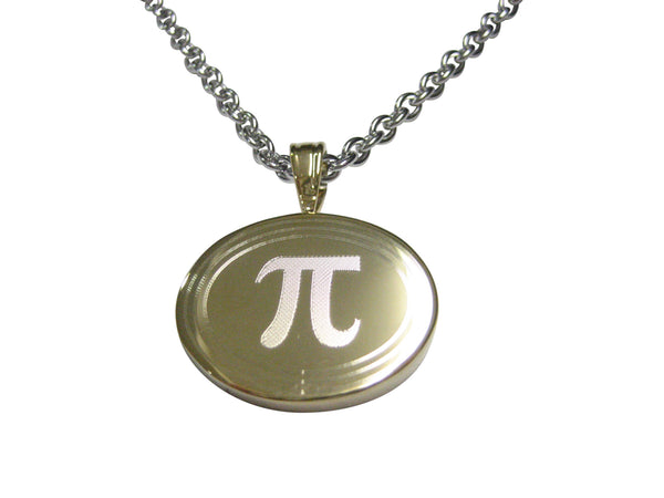 Gold Toned Etched Oval Mathematical Pi Symbol Pendant Necklace
