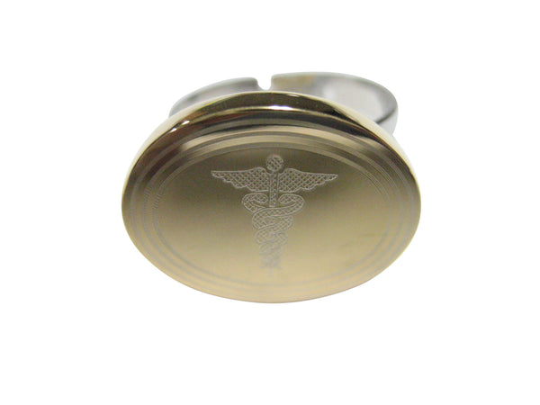 Gold Toned Etched Oval Medical Caduceus Symbol Adjustable Size Fashion Ring