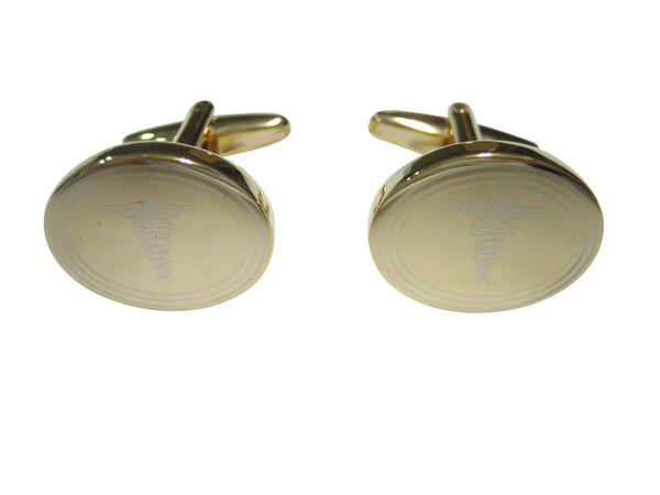 Gold Toned Etched Oval Medical Caduceus Symbol Cufflinks