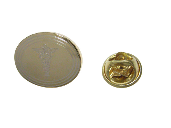 Gold Toned Etched Oval Medical Caduceus Symbol Lapel Pin