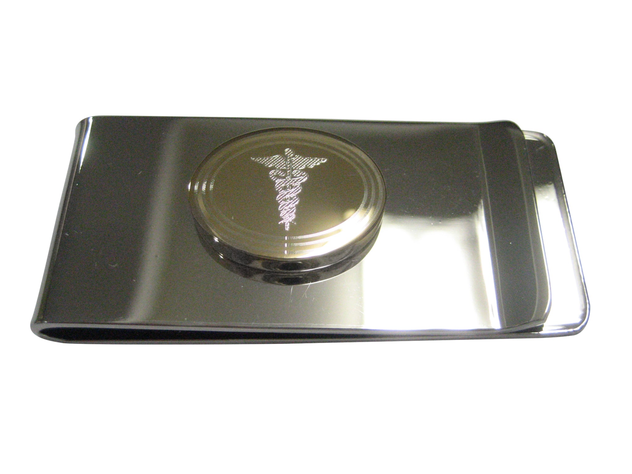 Gold Toned Etched Oval Medical Caduceus Symbol Money Clip
