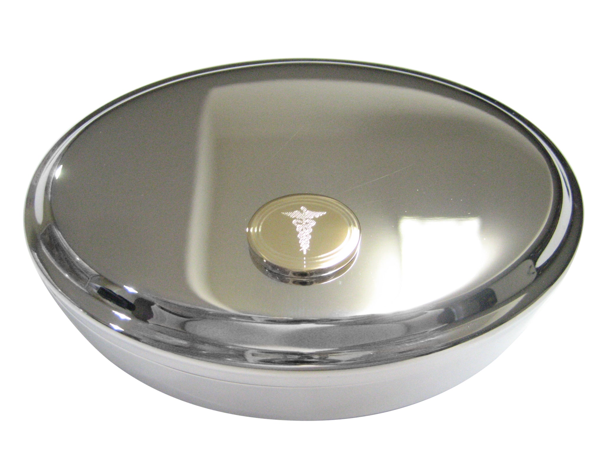 Gold Toned Etched Oval Medical Caduceus Symbol Oval Trinket Jewelry Box
