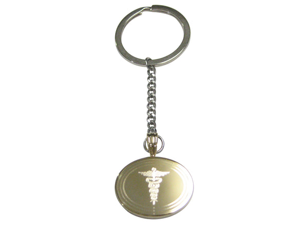 Gold Toned Etched Oval Medical Caduceus Symbol Pendant Keychain