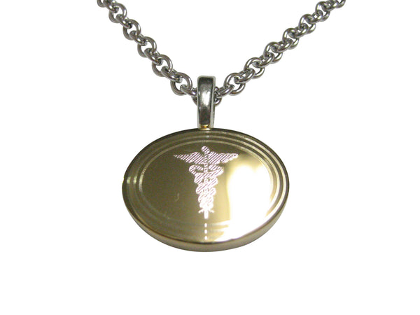 Gold Toned Etched Oval Medical Caduceus Symbol Pendant Necklace