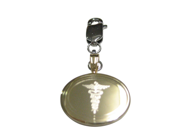 Gold Toned Etched Oval Medical Caduceus Symbol Pendant Zipper Pull Charm
