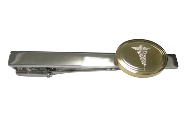 Gold Toned Etched Oval Medical Caduceus Symbol Tie Clip