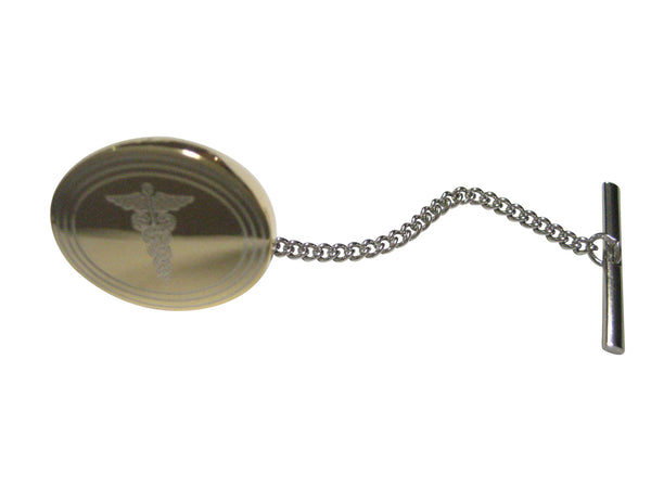 Gold Toned Etched Oval Medical Caduceus Symbol Tie Tack