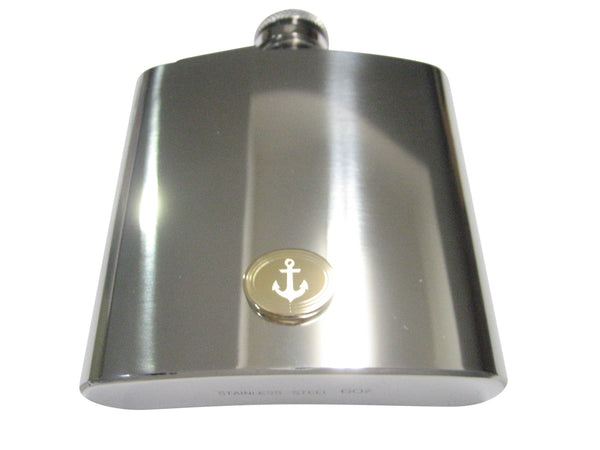 Gold Toned Etched Oval Nautical Anchor 6oz Flask