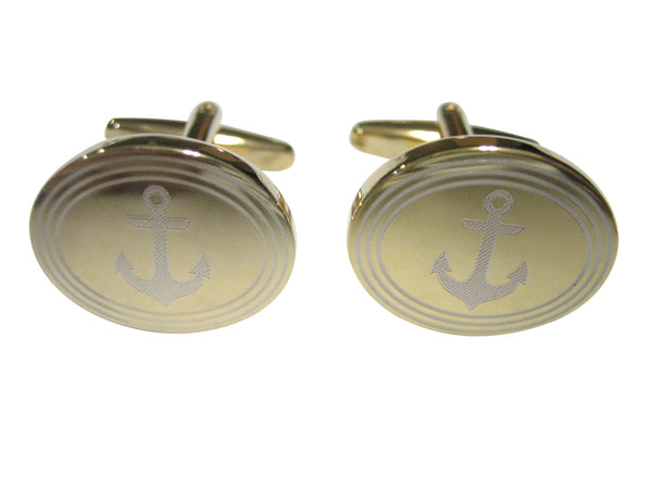 Gold Toned Etched Oval Nautical Anchor Cufflinks
